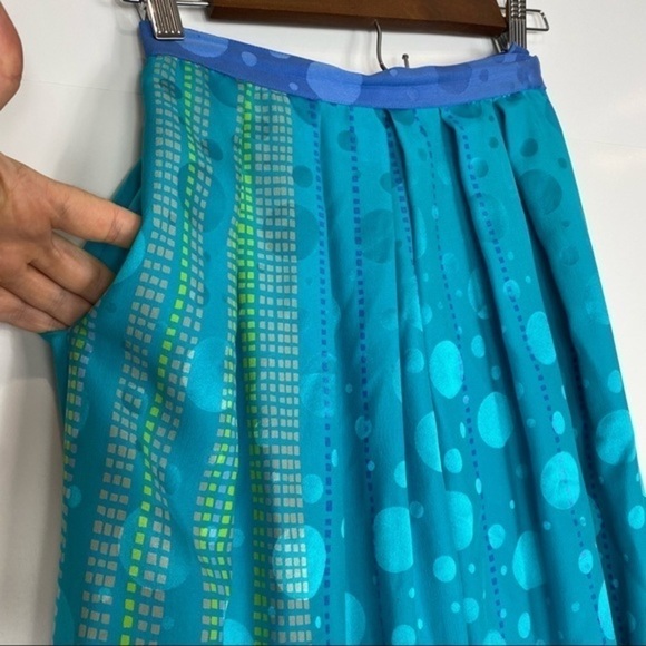 Umi Collections 100% Silk Blue Geometric Pleated Midi Maxi Skirt Retro Colorful - Picture 2 of 13
